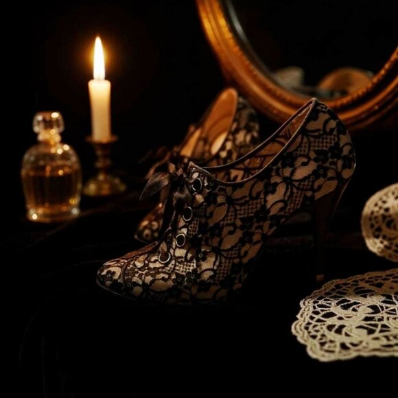 High Heel Booties – by Beverly Feldman Nude & Black Lace w/ Satin Bow – Size 8.5 - Picture 2 of 4